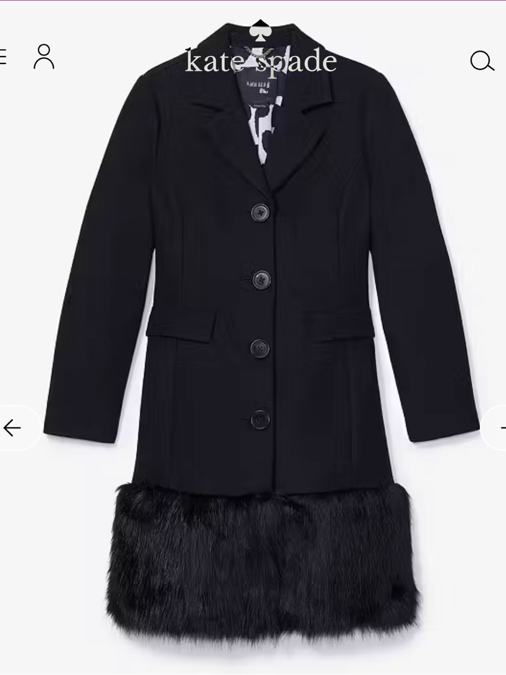 New Kate Spade Faux Fur Hem Wool Coat Black Size 8